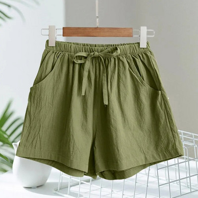 Women Short Solid Color Double Pockets Summer Shorts Drawstring High Waist Casual Shorts Breathable Wide Leg Women Shorts