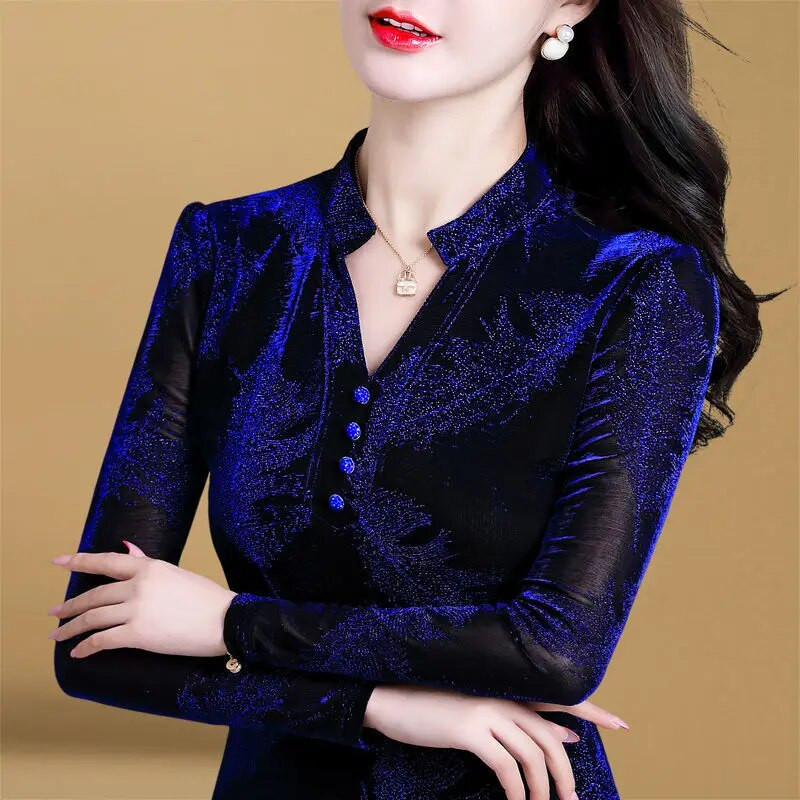 Bluza Catifea Toamna Iarna Femei Camasi Maneca Lunga Albastru Basic Lady Warm Vintage Blusas Femme Tops