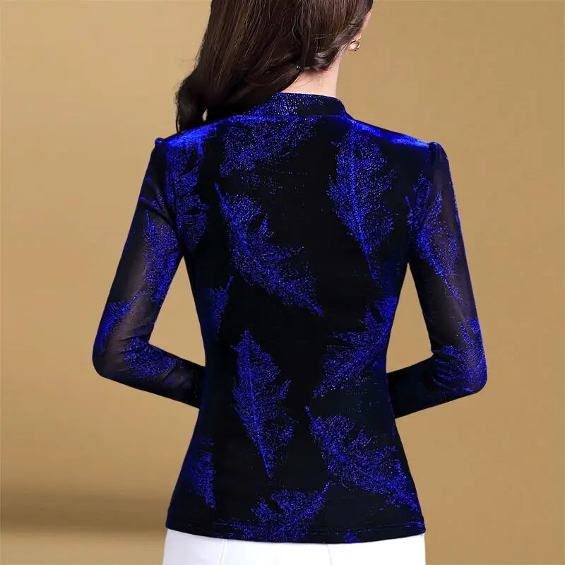 Bluza Catifea Toamna Iarna Femei Camasi Maneca Lunga Albastru Basic Lady Warm Vintage Blusas Femme Tops