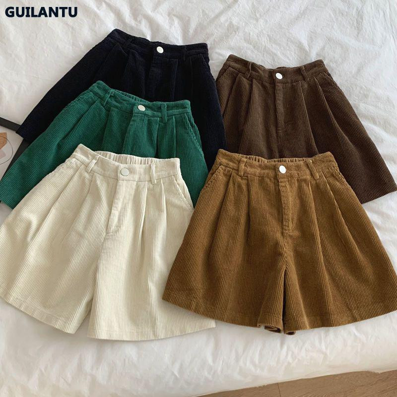 GUILANTU Vintage κοτλέ γυναικείο σορτς καλοκαιρινό casual ελαστικό ψηλόμεσο φαρδύ κοντό παντελόνι μασίφ παντού ταιριαστό φαρδύ σορτς γυναίκα