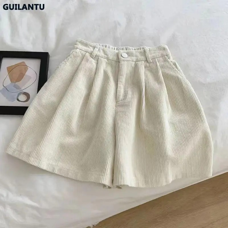 GUILANTU Vintage κοτλέ γυναικείο σορτς καλοκαιρινό casual ελαστικό ψηλόμεσο φαρδύ κοντό παντελόνι μασίφ παντού ταιριαστό φαρδύ σορτς γυναίκα