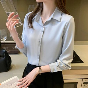 Γυναικεία μεταξωτά πουκάμισα με λαιμόκοψη V με λαιμόκοψη μασίφ γυναικεία μπλούζα άνοιξη 2023 Σατέν μακρυμάνικο μπλούζες με κουμπί επάνω Λευκό OL Vintage τοπ