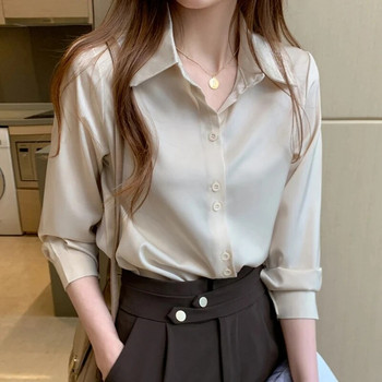 Дамски копринени ризи с v-образно деколте, едноцветни топове, дамски пролетни модни сатенени блузи с дълъг ръкав за 2023 г., с копчета, бели OL, ретро топ
