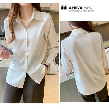 Дамски копринени ризи с v-образно деколте, едноцветни топове, дамски пролетни модни сатенени блузи с дълъг ръкав за 2023 г., с копчета, бели OL, ретро топ