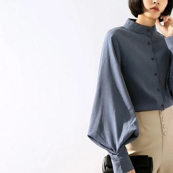 Дълга широка блуза с ръкав-фенер Дамски топове и блузи Реколта Ризи с копчета с яка и копчета Дамски 2019 Пролетни модни топове