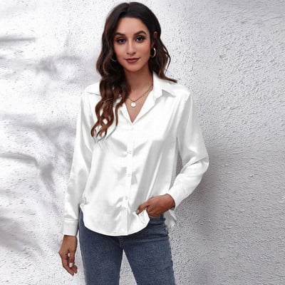 Őszi utcai ruházati női ruhák Szatén blúz ing selyem felsők Elegáns, hosszú ujjú, bő női blúzok Camisas De Mujer tavaszi