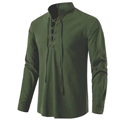 2023 Nova muška ležerna bluza Pamučna lanena majica Majica dugih rukava Proljeće Jesen Kosi pojas Vintage majice za jogu