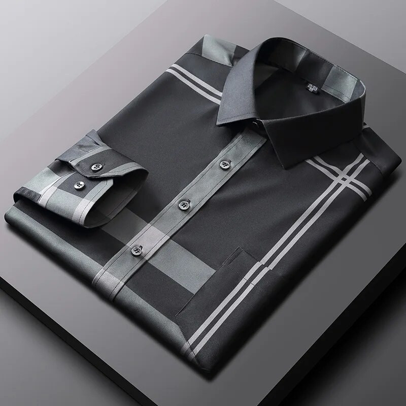 Férfi ingek tavaszi ősz legfrissebb forró kiárusítás nem vasalható ránctalanító üzleti alkalmi nyomtatás vékony kockás karcsúsított chemise homme