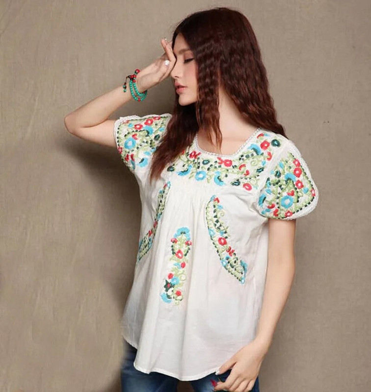 Bluză vintage hippie oaxacană mexicană BOHO pentru femei, tunică etnică brodată florală, BUMBAC, bluze retro, bluze, bluze pentru femei