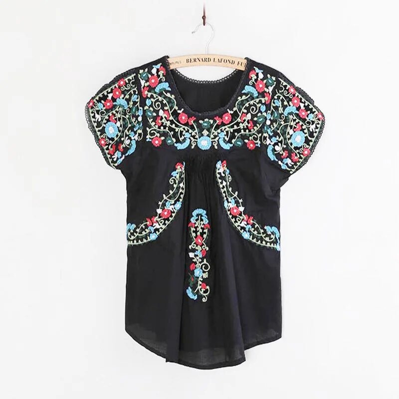 Bluză vintage hippie oaxacană mexicană BOHO pentru femei, tunică etnică brodată florală, BUMBAC, bluze retro, bluze, bluze pentru femei