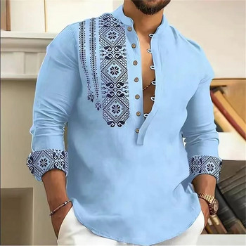 Модна мъжка риза с дълги ръкави и 7 копчета, широка тениска с копчета с V-образно деколте и висококачествен материал