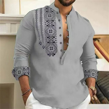 Модна мъжка риза с дълги ръкави и 7 копчета, широка тениска с копчета с V-образно деколте и висококачествен материал