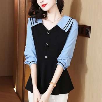 2023 Пролет Есен Корейска мода Контрастни цветни пачуърк ризи Елегантни сладки тънки топове с дълъг ръкав Блузи за дамско облекло