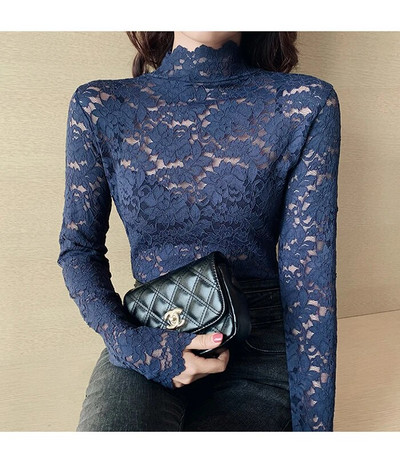2019. Elegantna bluza s dolčevitom od čipke, seksi ženstvena bluza s izdubljenim vezom, ženske majice dugih rukava, proljeće, ljeto, ženske