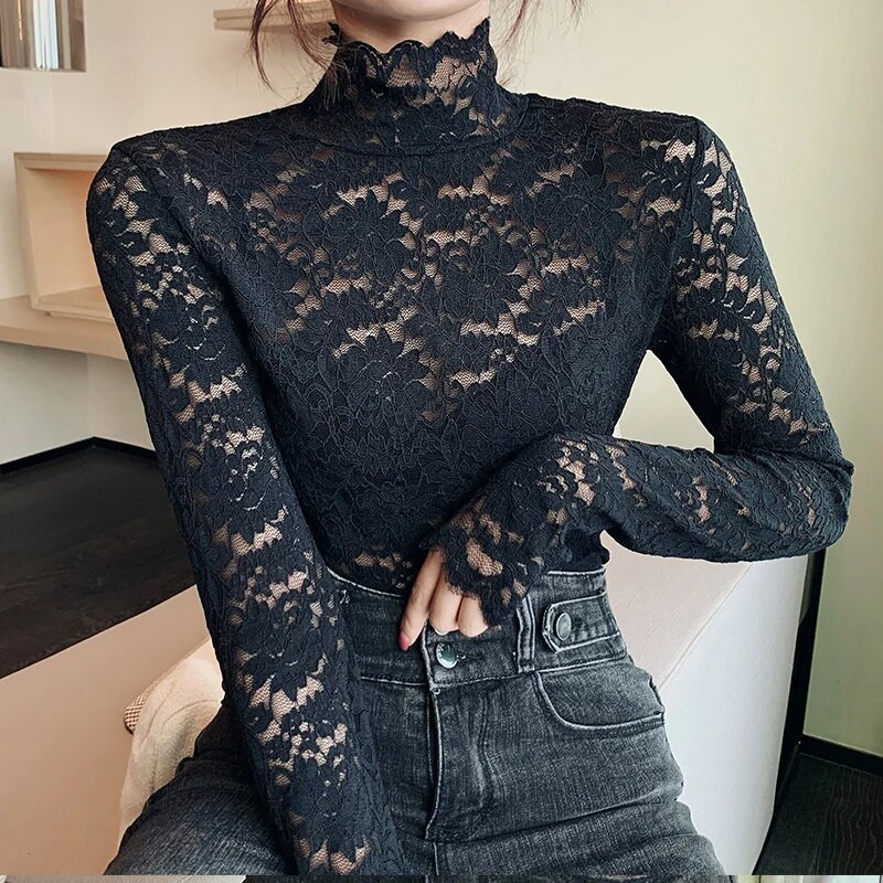 2019. Elegantna bluza s dolčevitom od čipke, seksi ženstvena bluza s izdubljenim vezom, ženske majice dugih rukava, proljeće, ljeto, ženske