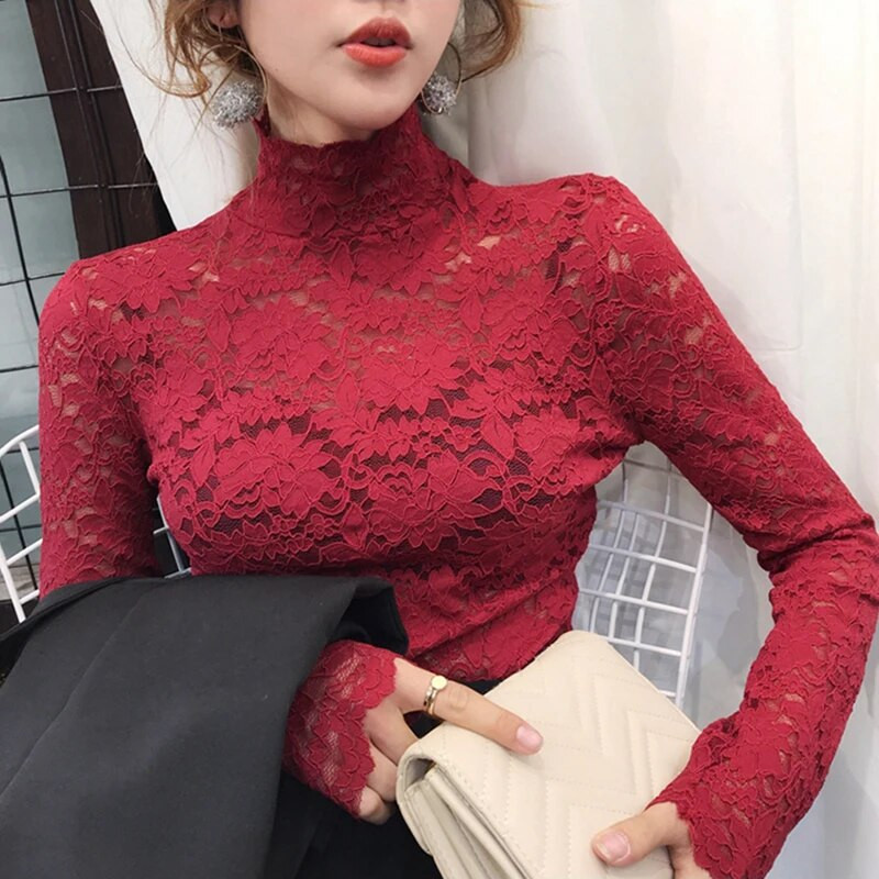 2019. Elegantna bluza s dolčevitom od čipke, seksi ženstvena bluza s izdubljenim vezom, ženske majice dugih rukava, proljeće, ljeto, ženske