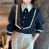 Jesen Polo izrez od samta Vintage Patchwork gumbi Bluza dugih rukava Uredska dama Elegantna modna majica za sve vrste Ženska majica