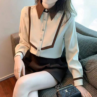 Jesen Polo izrez od samta Vintage Patchwork gumbi Bluza dugih rukava Uredska dama Elegantna modna majica za sve vrste Ženska majica