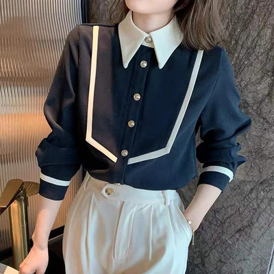 Jesen Polo izrez od samta Vintage Patchwork gumbi Bluza dugih rukava Uredska dama Elegantna modna majica za sve vrste Ženska majica