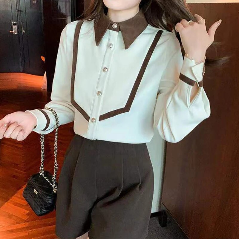 Jesen Polo izrez od samta Vintage Patchwork gumbi Bluza dugih rukava Uredska dama Elegantna modna majica za sve vrste Ženska majica