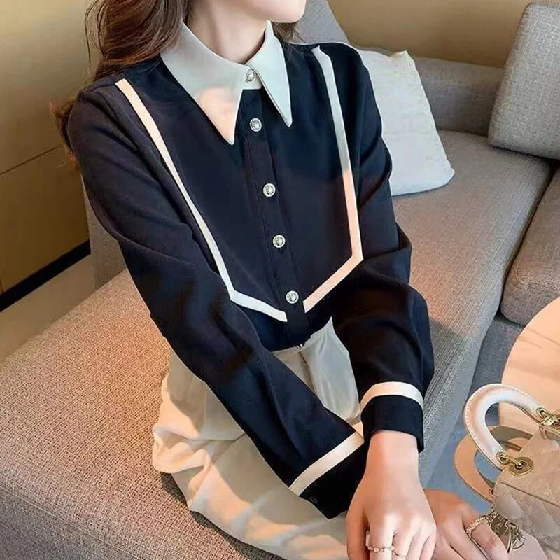 Jesen Polo izrez od samta Vintage Patchwork gumbi Bluza dugih rukava Uredska dama Elegantna modna majica za sve vrste Ženska majica