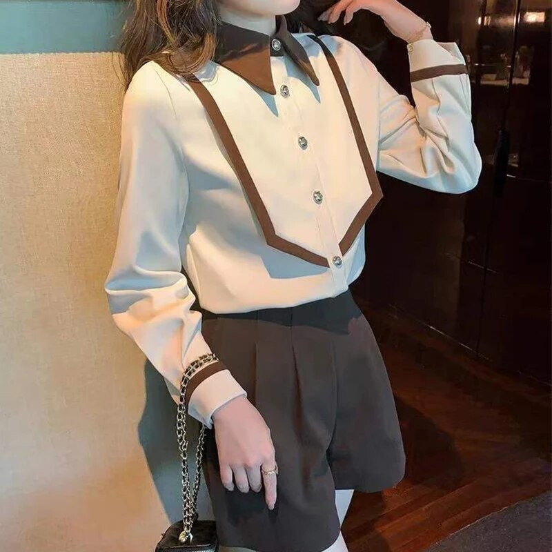 Jesen Polo izrez od samta Vintage Patchwork gumbi Bluza dugih rukava Uredska dama Elegantna modna majica za sve vrste Ženska majica