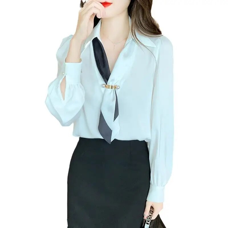 2023 m. pavasario vasaros viršutiniai moteriški palaidi megztiniai ilgomis rankovėmis su polo kaklu biuro moteriška vienspalvė korėjietiško stiliaus laisvalaikio madinga palaidinė