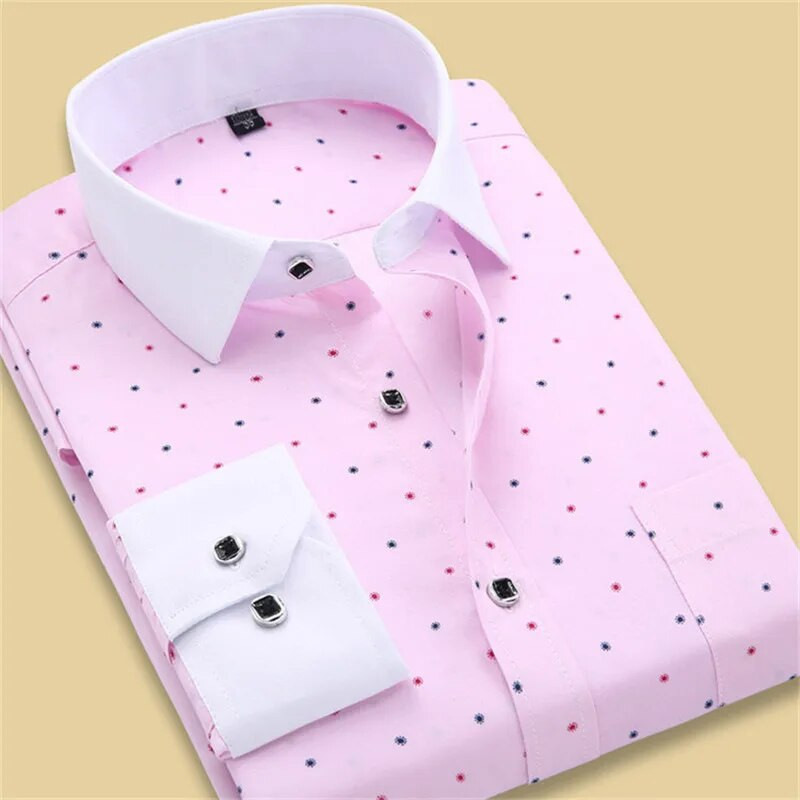 2017 m. pavasario atvykimas Vyriški marškiniai su gėlėmis Madingi ilgomis rankovėmis Individualumas Verslo laisvalaikio korėjiečių vyriški taškeliais marginti marškiniai