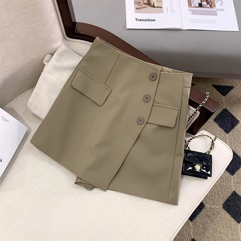 MEXZT Pantaloni scurți pentru femei Fuste coreeane neregulate în linie A Pantaloni scurți cu picioare late Office Lady Eleganti cu talie înaltă Costum casual solid Pantaloni scurti