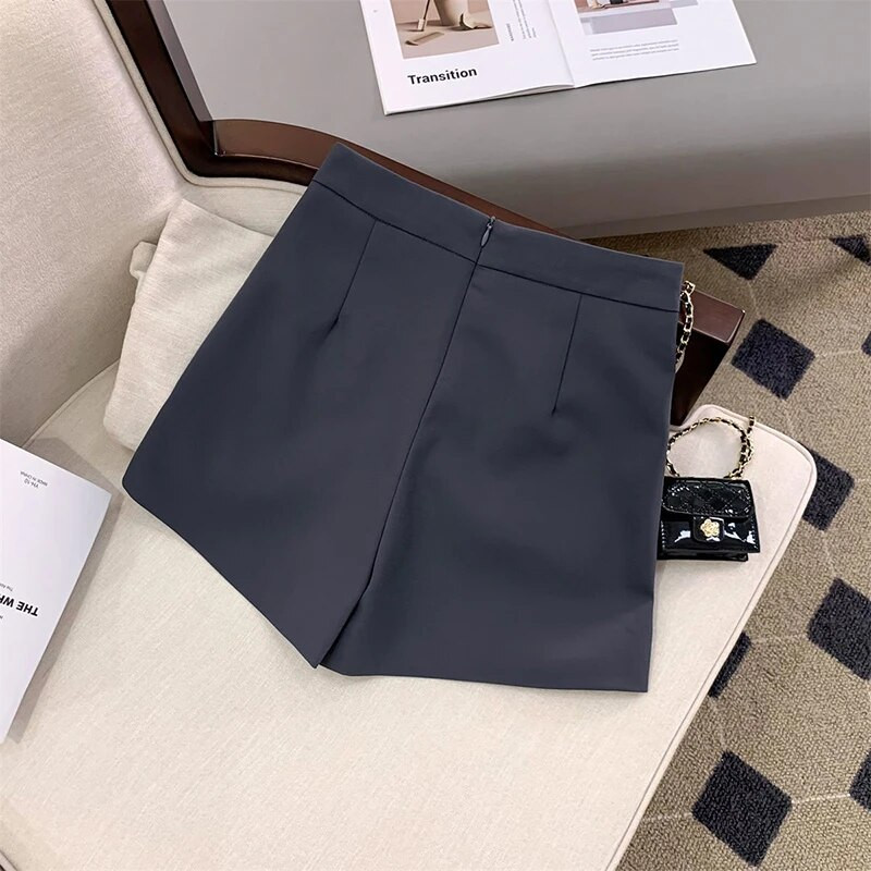 MEXZT Pantaloni scurți pentru femei Fuste coreeane neregulate în linie A Pantaloni scurți cu picioare late Office Lady Eleganti cu talie înaltă Costum casual solid Pantaloni scurti
