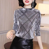 Rudeniniai ilgomis rankovėmis moteriški palaidiniai marškinėliai, madingi, laisvalaikio seksualūs aukso aksomo karoliukais puošti moteriški viršutiniai ir marškiniai