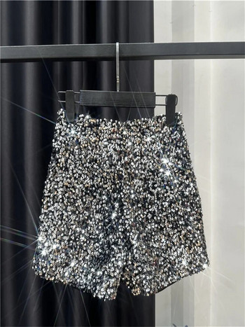 Модни черни кадифени къси панталони за жени Блестящи универсални къси панталони с пайети Дамски шик клубни къси панталони Едноцветни панталони High Street