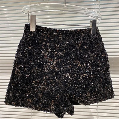 Pantaloni scurți din catifea neagră de modă pentru femei, strălucitori, cu paiete, pantaloni scurti versatili, pentru femei, pantaloni scurți șic de club Pantaloni solizi High Street