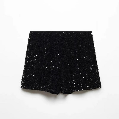 Pantaloni scurți din catifea neagră de modă pentru femei, strălucitori, cu paiete, pantaloni scurti versatili, pentru femei, pantaloni scurți șic de club Pantaloni solizi High Street