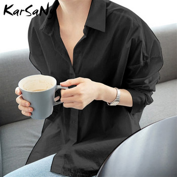 KarSaNy Бяла овърсайз бойфренд риза Дамски топове с дълъг ръкав Дамска офис блуза XL Дамска бяла блуза Памучна мързелива риза Черна