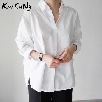 KarSaNy Бяла овърсайз бойфренд риза Дамски топове с дълъг ръкав Дамска офис блуза XL Дамска бяла блуза Памучна мързелива риза Черна