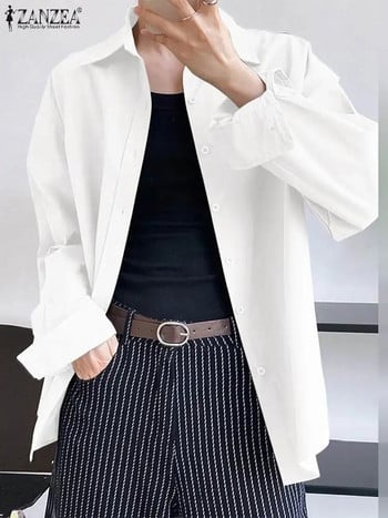 ZANZEA Γυναικείο λευκό πουκάμισο Κορεάτικο τοπ τουνίκ μόδας 2023 Φθινοπωρινό γιακά μπλούζα με φαρδιά μακρυμάνικη μπλούζα υπερμεγέθη