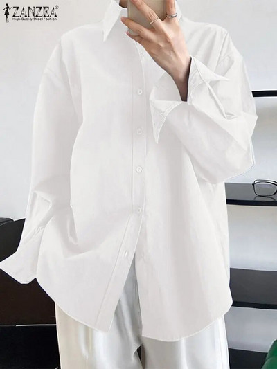 ZANZEA Дамска бяла риза Корейска мода Туника Топове 2023 Есен с ревер яка Blusas Ежедневна свободна блуза с дълъг ръкав Oversize