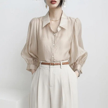 Пролет Лято Елегантна модна риза с дълъг ръкав Женска поло деколте Обикновена универсална блуза с темперамент Дамска плътна жилетка Blusa