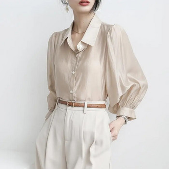 Άνοιξη Καλοκαίρι Κομψό μοντέρνο μακρυμάνικο πουκάμισο γυναικείο πόλο με λαιμόκοψη Απλή ιδιοσυγκρασία μπλούζα γυναικεία μονόχρωμη ζακέτα Blusa