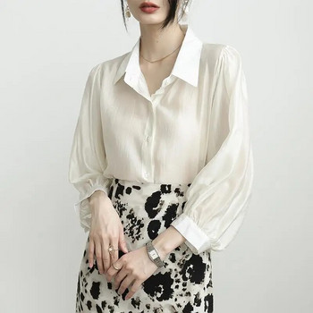 Пролет Лято Елегантна модна риза с дълъг ръкав Женска поло деколте Обикновена универсална блуза с темперамент Дамска плътна жилетка Blusa