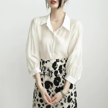 Άνοιξη Καλοκαίρι Κομψό μοντέρνο μακρυμάνικο πουκάμισο γυναικείο πόλο με λαιμόκοψη Απλή ιδιοσυγκρασία μπλούζα γυναικεία μονόχρωμη ζακέτα Blusa