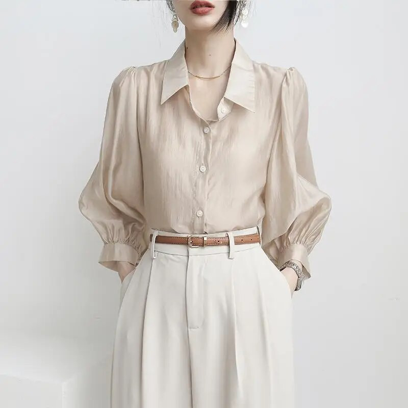Proljeće ljeto Elegantna modna majica dugih rukava Ženska polo izrez Jednostavna bluza temperamentnog kroja za sve Žene Jednobojni kardigan Blusa