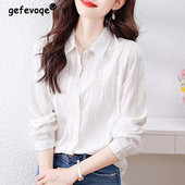 Proljeće Jesen Polo-izrez Elegantna modna bijela jednostavna košulja Ženska bluza dugih rukava Čipkana patchwork dugmad Ženski kardigan Top