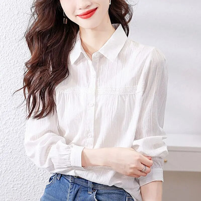 Proljeće Jesen Polo-izrez Elegantna modna bijela jednostavna košulja Ženska bluza dugih rukava Čipkana patchwork dugmad Ženski kardigan Top