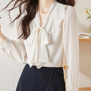 2023 Άνοιξη φθινόπωρο Casual Κορεάτικο φιόγκο μονόχρωμες μπλούζες γυναικεία κασκόλ γιακάς μακρυμάνικο γραφείο Γυναικεία μπλούζα μόδας δημοτικότητας