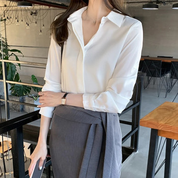 Офис дамска блуза Дамски пролетни есенни горнища с дълги ръкави с отложна яка с копчета Шифонени ризи Дамски дрехи Блуза Femme 2021