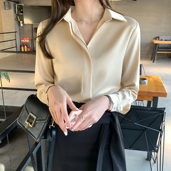 Офис дамска блуза Дамски пролетни есенни горнища с дълги ръкави с отложна яка с копчета Шифонени ризи Дамски дрехи Блуза Femme 2021