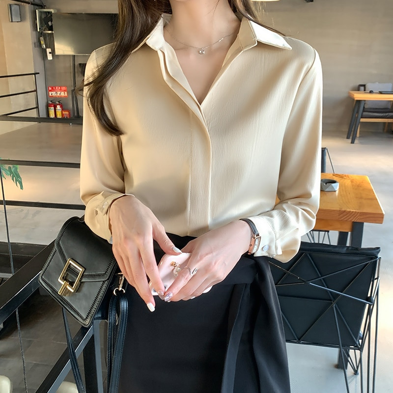 Bluza za uredske dame Ženske majice Proljeće Jesen Majice dugih rukava Šifonske košulje s dugmadima i ovratnikom Ženska odjeća Bluza Femme 2021