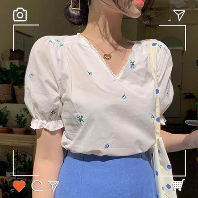 Mieli prašmatnūs palaidinės, mielos mergaičių šventės, dėvėjimas pasimatymams, moterims, pūstomis rankovėmis Korėja Japonijos stilius Lolita, siuvinėjimas, balti marškiniai, palaidinė Flhjlwoc